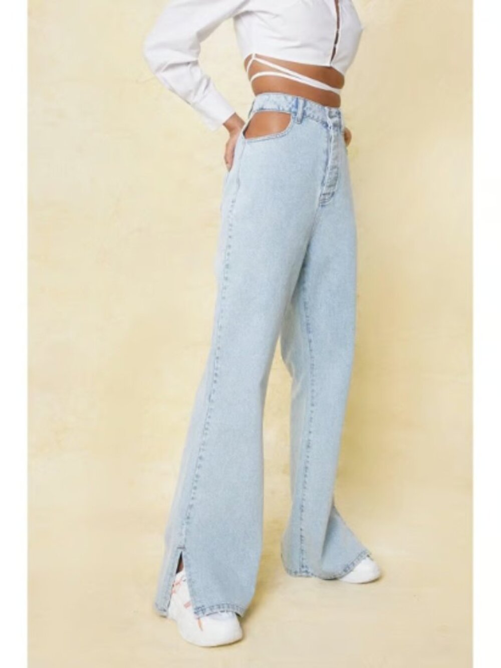 NASTY GAL Women's Size 4 Light Wash Cut Out Split Hem Wide Leg Denim Jeans Baggy